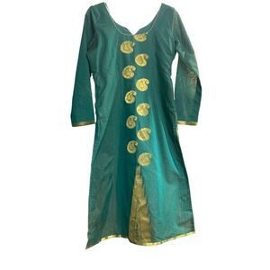 Embroidered Slit Style Dress Salwar‎ Pakistani Art Golden Symbolic Pattern